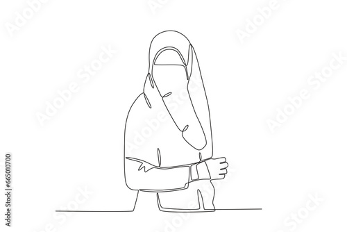 A young woman wearing an Arabic fashion. Niqab one-line drawing