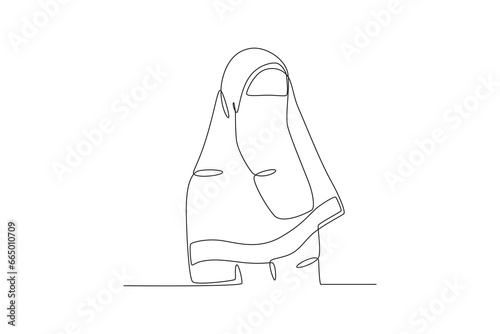 A woman wearing a beautiful veil. Niqab one-line drawing