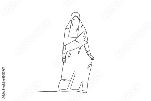 A woman dressed in a long niqab. Niqab one-line drawing