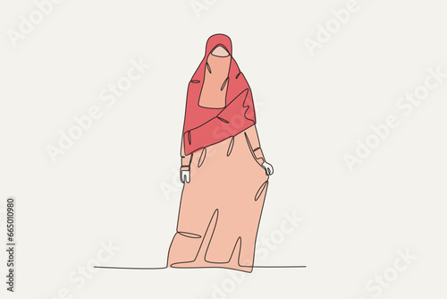 Color illustration of a woman wearing a niqab. Niqab one-line drawing