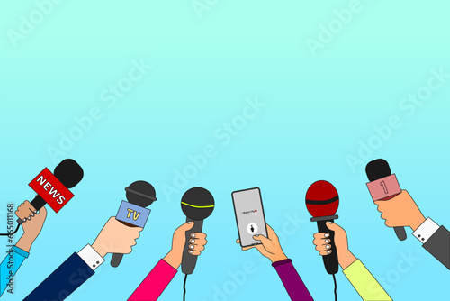 Journalist hands with microphones and smartphone. Reporters with mics take interview for news broadcast, press conference or newscast. Media vector concept.