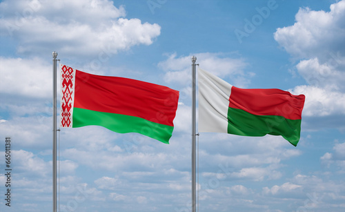 Madagascar and Belarus flags, country relationship concept