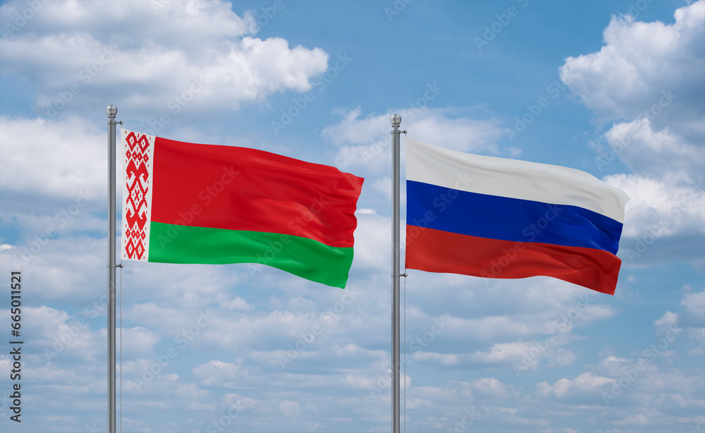 Russia and Belarus flags, country relationship concept Russia and Belarus flags, country relationship concept