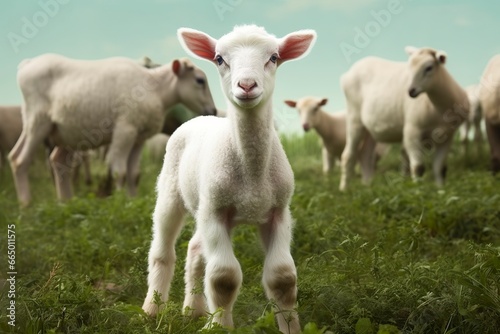 White lamb in a field in front of other animals. © MKhalid