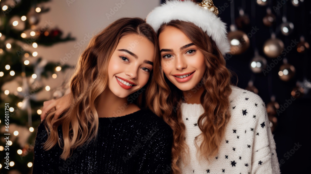 Two young beautiful smiling international hipster female wearing warm winter sweaters. Sexy carefree women posing on white background in studio. Ai generated Two young beautiful smiling international hipster female wearing warm winter sweaters. Sexy carefree women posing on white background in studio. Ai generated