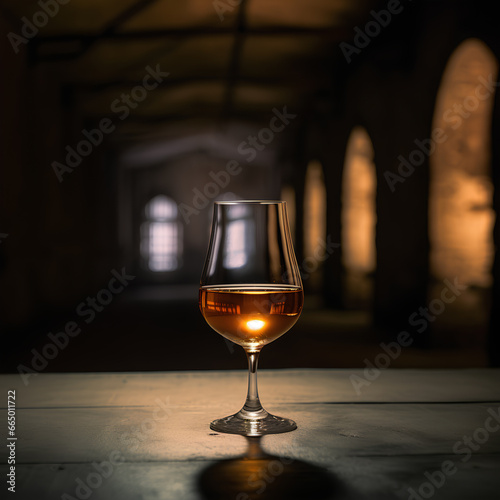 Glass of cognac on the table in the cellar of traditional winery.