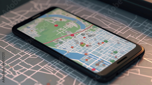 A smartphone screen with prominent 3D map pins