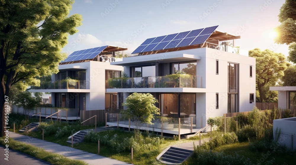 Contemporary-style apartment building with a rooftop array of solar ...