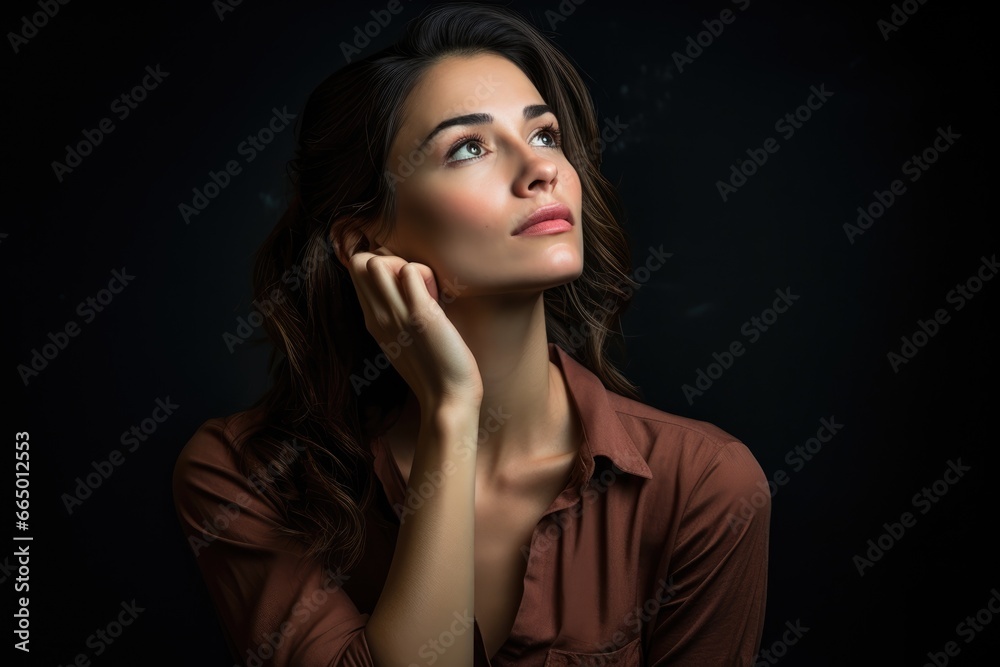 Woman thinking, contemplating, thoughtful. Dark background. Dark Mood Study. Solitary Meditation. Silent Contemplation. Hand on chin. maroon shirt. white skin. brunette woman. pink lips. dark back. Woman thinking, contemplating, thoughtful. Dark background. Dark Mood Study. Solitary Meditation. Silent Contemplation. Hand on chin. maroon shirt. white skin. brunette woman. pink lips. dark back.
