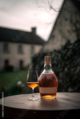 Cognac in the bottle and glass on the table outdoors on background of winery yard