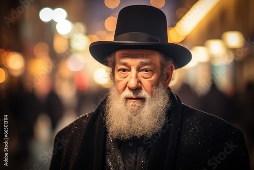 Portrait of senior orthodox jewish man in city. Religious man. Judaism, religion concept. Background for Israel holiday, festival, celebration