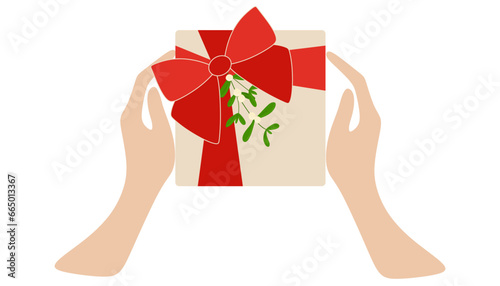 Hands holding gift box and present for party concept. Gift box with red Ribbon Bow and mistletoe branch. Vector Flat Christmas season illustration isolated on white. Template for Postcard, Greeting