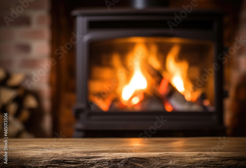 Wooden table in front of fireplace with burning firewood in the background. High quality photo