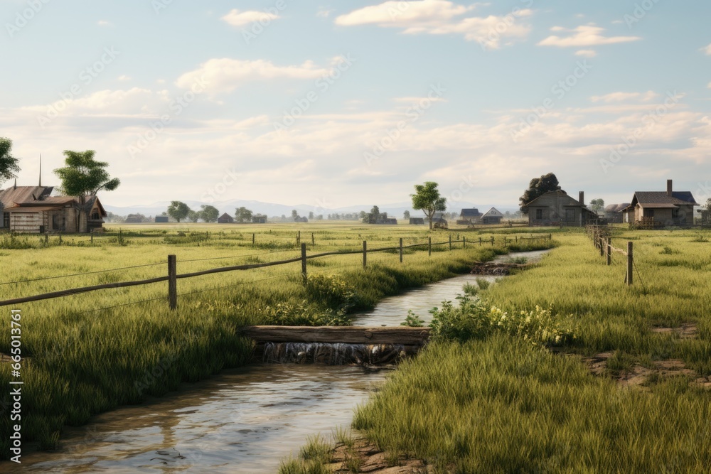 Fototapeta premium Small Stream Running Through Lush Green Field