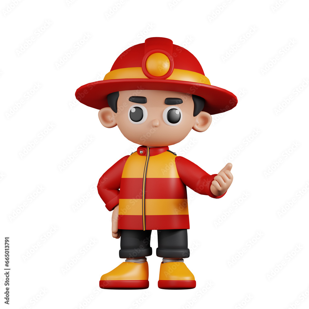 3d Character Firefighter Pointing Next Pose. 3d render isolated on transparent backdrop.