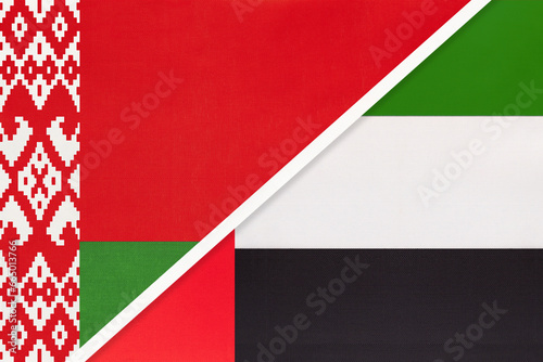 Belarus and United Arab Emirates or UAE, symbol of country. Belarusian vs Emirati national flags.