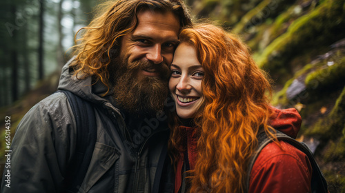 Young bearded man and redhead woman in forest near waterfall.