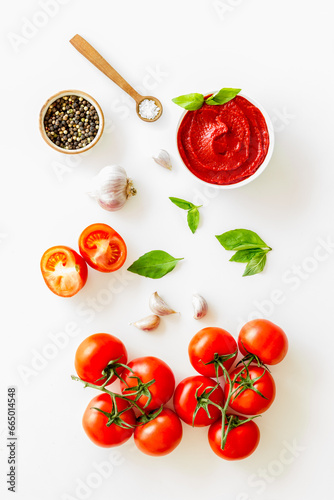 Classic Italian tomatoes sauce passata with basil and garlic for pasta
