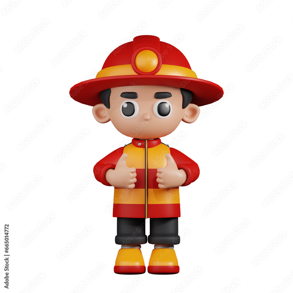3d Character Firefighter Showing Thumbs Up Pose. 3d render isolated on transparent backdrop.