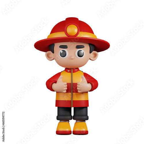 3d Character Firefighter Showing Thumbs Up Pose. 3d render isolated on transparent backdrop.