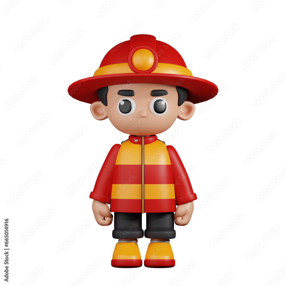 3d Character Firefighter Standing Pose. 3d render isolated on transparent backdrop.