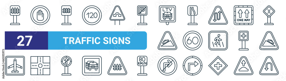 set of 27 outline web traffic signs icons such as level crossing, no ...