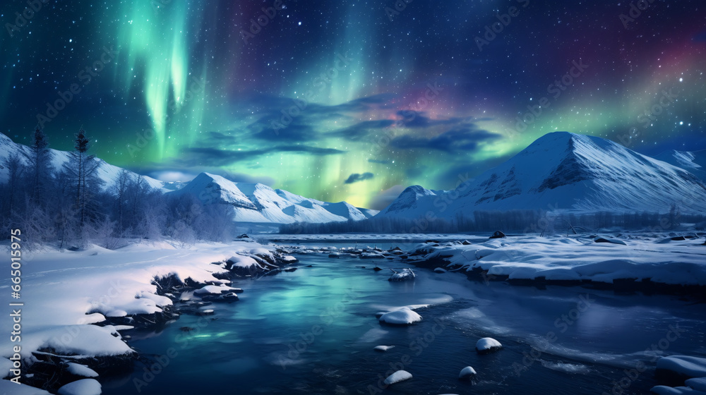 Spectacular Aurora amidst Snowy Peaks against a Starlit Night.