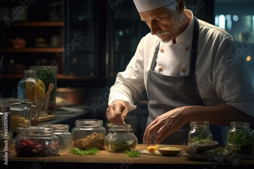 Fototapeta Naklejka Na Ścianę i Meble -  Chef Preparing Meal in Kitchen