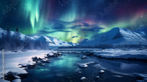 Spectacular Aurora amidst Snowy Peaks against a Starlit Night. © ckybe