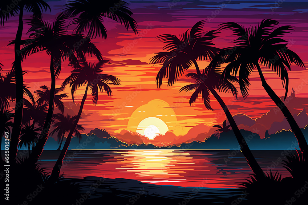 A sunset among palm trees on the seashore, vector drawing