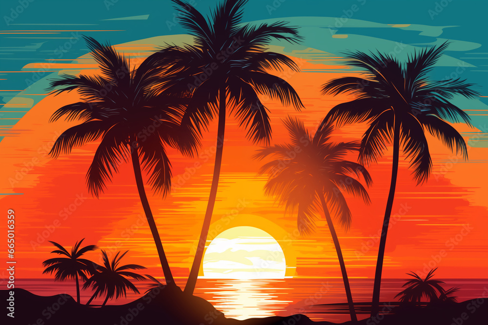 A sunset among palm trees on the seashore, vector drawing