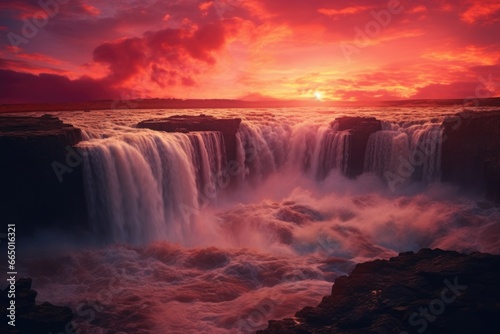 Sunset View of Waterfall with Red Sky