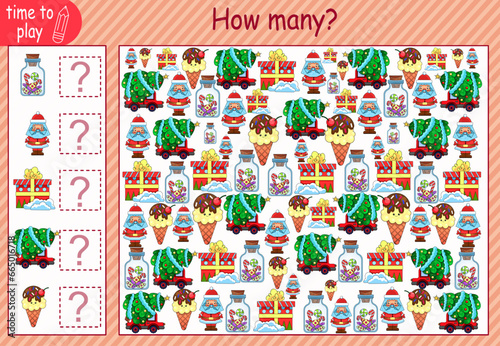 Numerical modern flash card design is clean. mathematics. game for children. how many pictures are in the picture. New Year. Christmas 