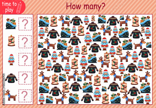 Numerical modern flash card design is clean. mathematics. game for children. how many pictures are in the picture. New Year. Christmas 