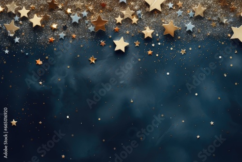 Christmas golden shining stars, glitter and confetty on dark blue background. Festive greeting card for Christmas, wedding, birthday, woman's, mother's day. Flat lay, top view with copy space