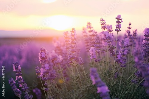 Close up lavender flowers in beautiful field at sunset. © MKhalid