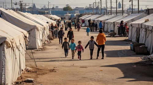 A group of children live in a refugee camp photo