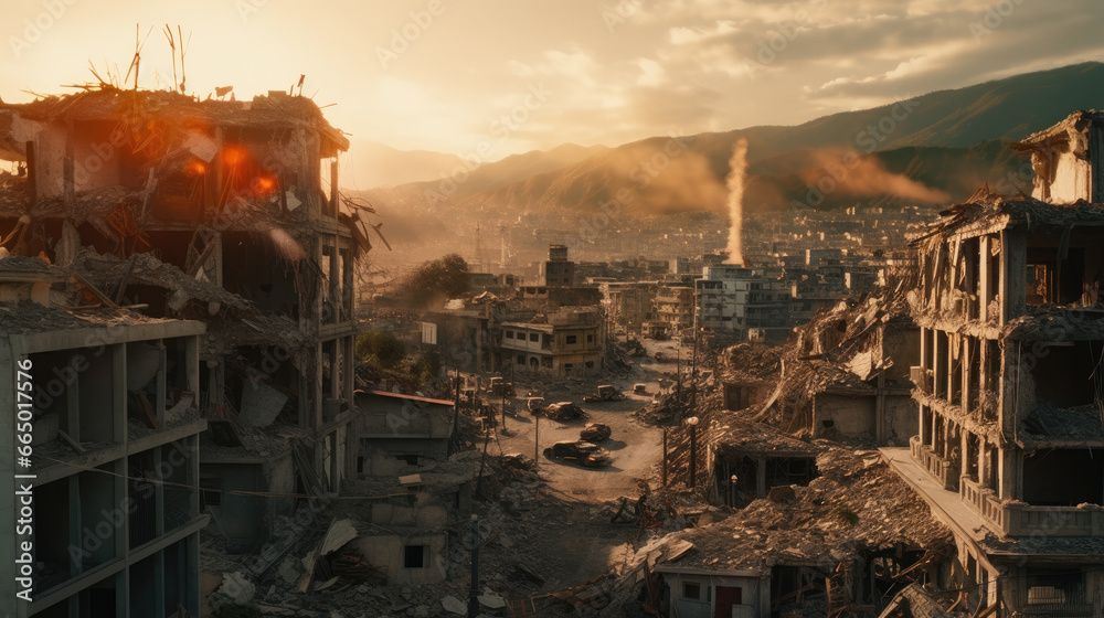 A city that has been reduced to ruins as a result of a devastating earthquake A city that has been reduced to ruins as a result of a devastating earthquake