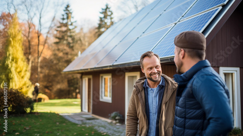 2 man talking in front of a house with solar panels installed 