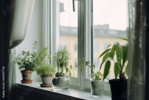 Windows with plants in apartment. Generative AI
