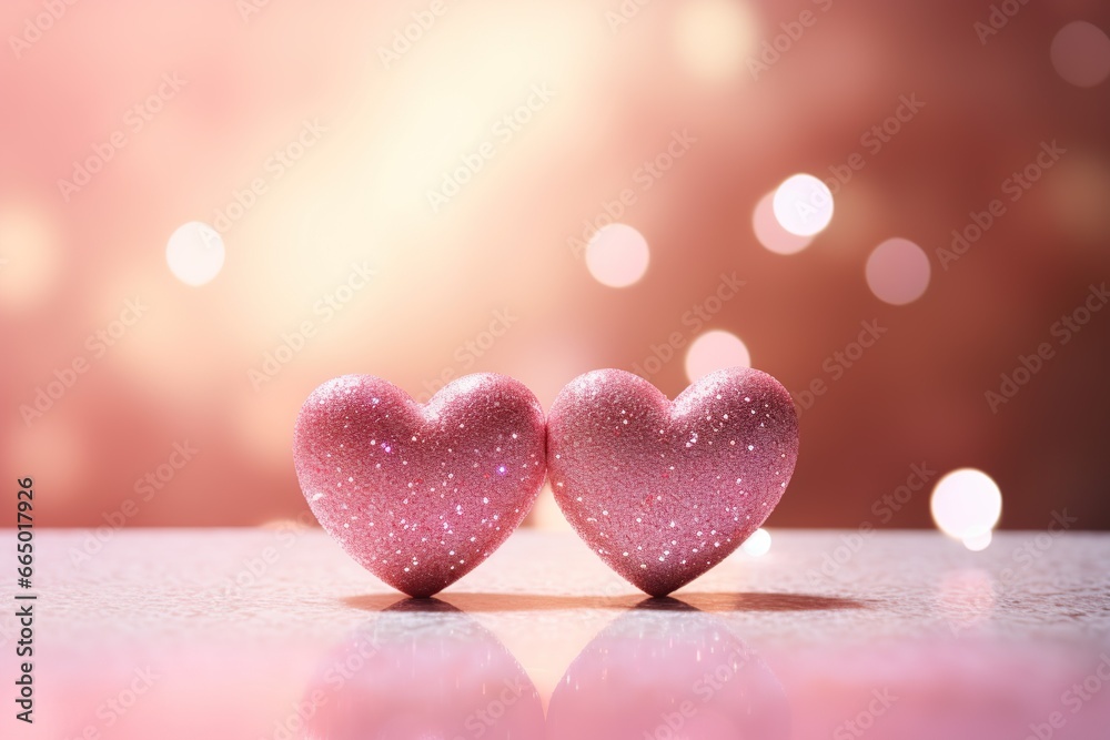 Two hearts shaped like a couple of hearts on a pink background with glitters and boke of light, Generative AI