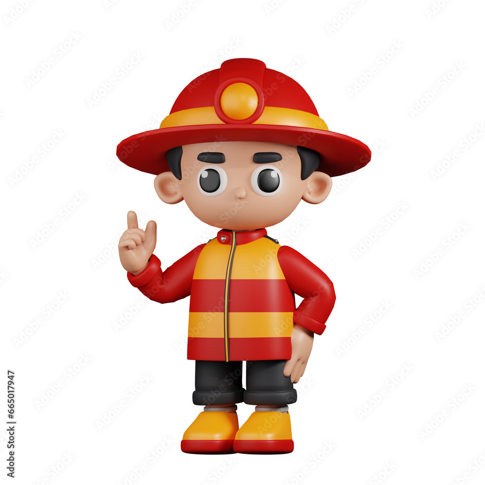 3d Character Firefighter Giving Advise Pose. 3d render isolated on transparent backdrop.