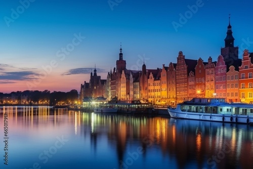 Stunning view of Gdansk on the Motlawa river during dusk in Poland. Generative AI