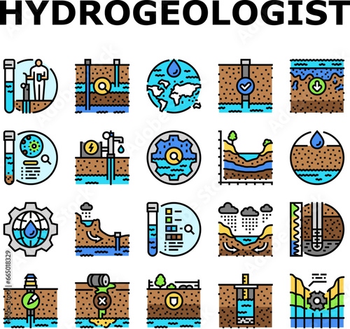 hydrogeologist industrial icons set vector. geology industry, pipe drill, man engineering mining, geologist oil, team, data hydrogeologist industrial color line illustrations