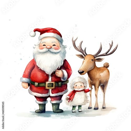 Cute Santa Claus standing with reindeer. © MKhalid