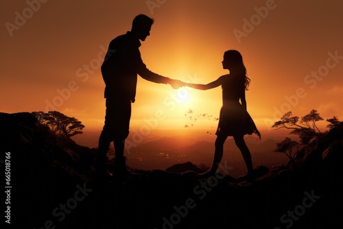 Man and Woman Holding Hands in Front of the Sun