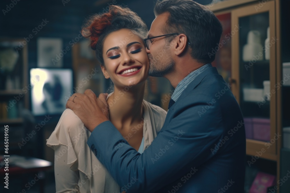 Man Kissing Woman in Room