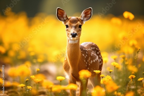 Female roe deer with beautiful flower. © MKhalid