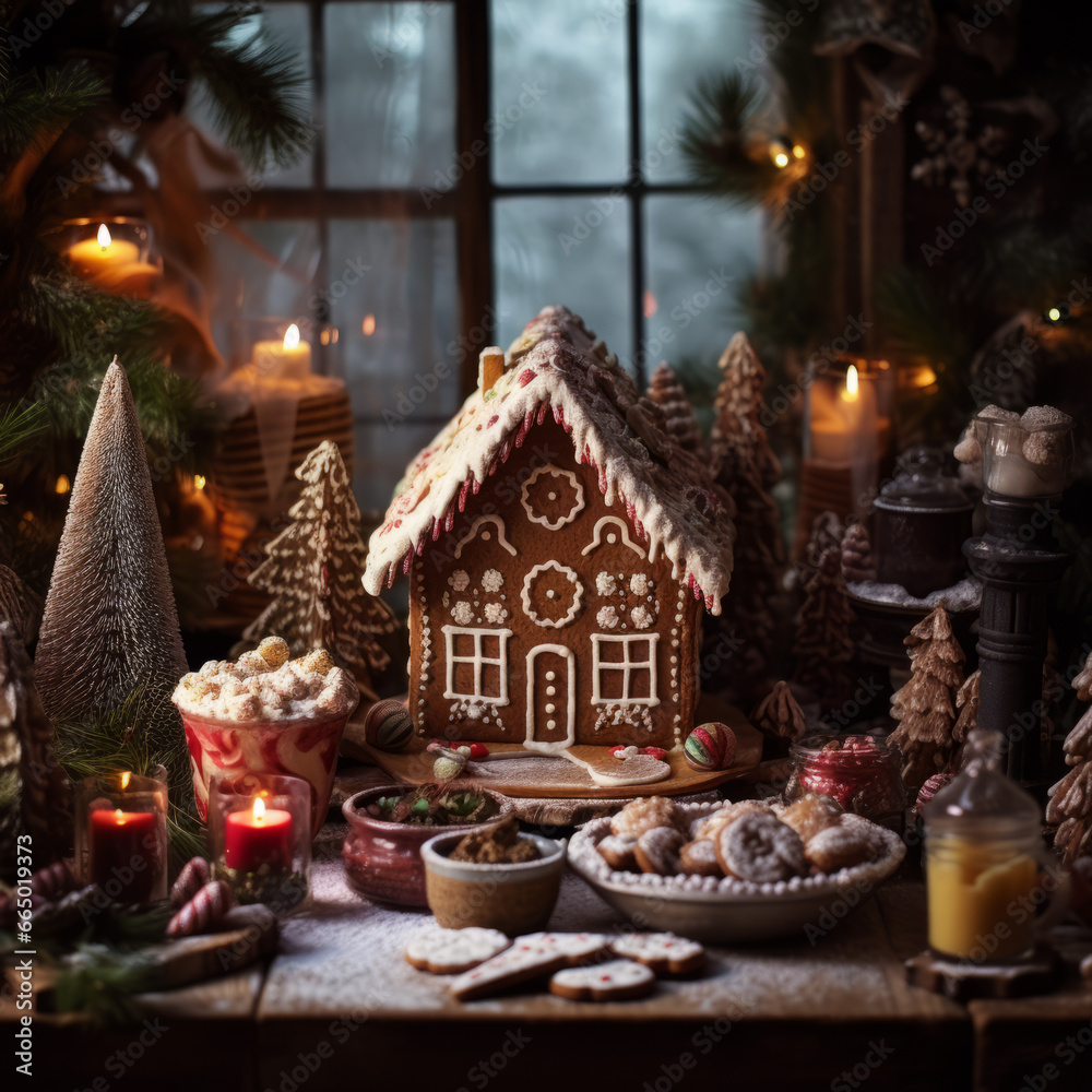A Christmas composition with a ginger house, candles, Christmas toys and treats on a wooden table in front of the window in a cozy atmosphere