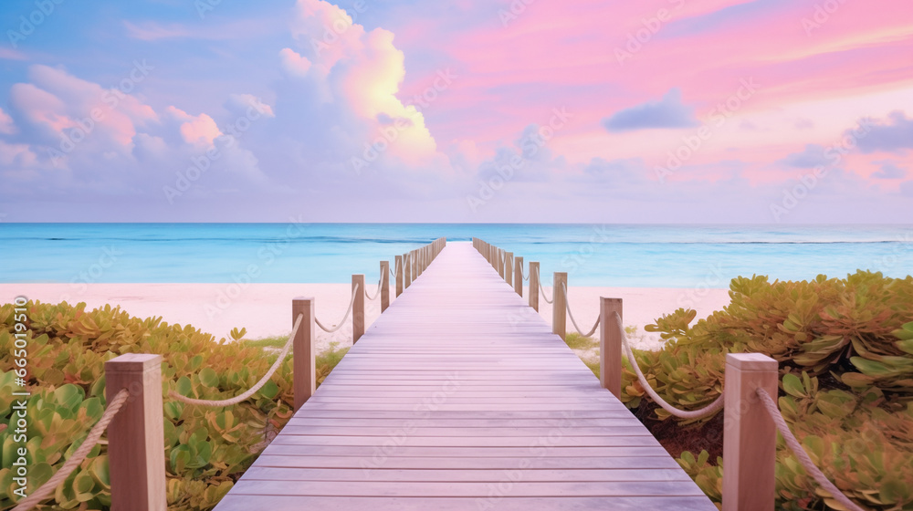 Fototapeta premium A wooden boardwalk surrounded by greenery and leads to a calm blue ocean in sunset. The sky is a beautiful pastel pink and orange. Peaceful and serene mood.